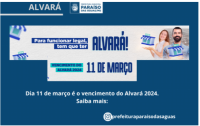 Imagem da notícia Prefeitura de Paraíso das Águas faz alerta sobre vencimento de alvará 2024